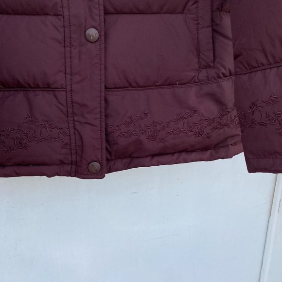 Down Puffer Jacket  Maroon Burgundy Embroidered Coat with Fur Trim - Picture 4 of 15